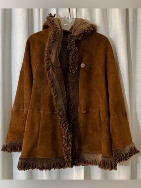 Jennifer Lang Genuine Lambskin leather jacket Brown Suede Fringe Hooded vintage